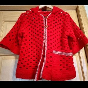 Red afghan blanket coat child L upcycled handmade